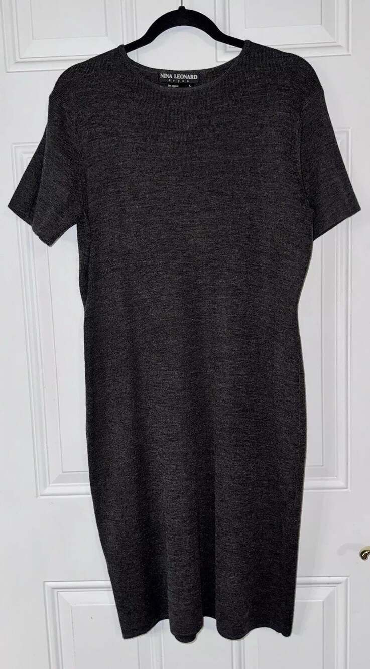 Nina Leonard VTG Sweater Dress Short Sleeve Wool Blend Dark Gray LARGE